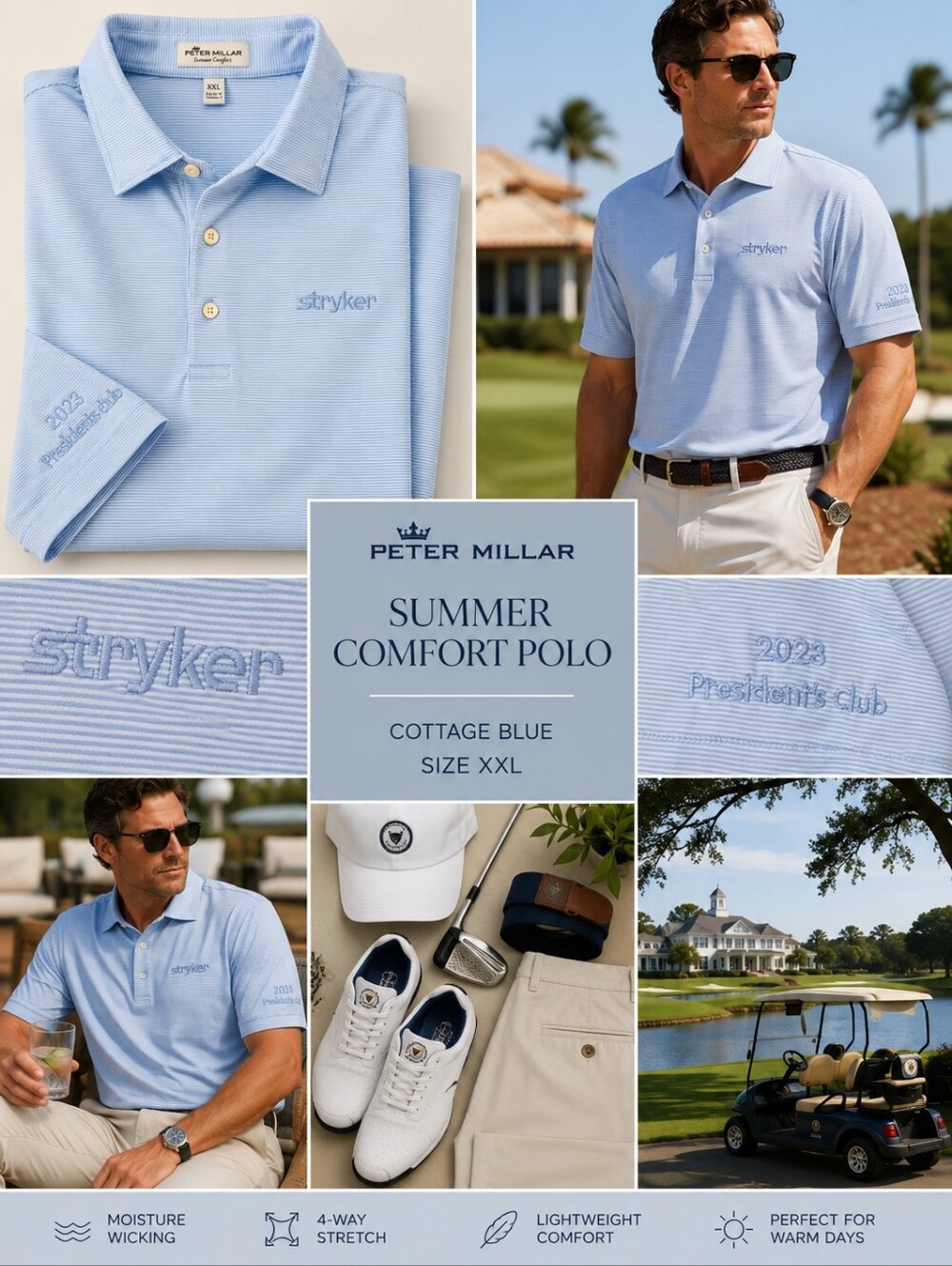 Peter Millar Summer Comfort Striped Polo Cottage Blue XXL Stryker